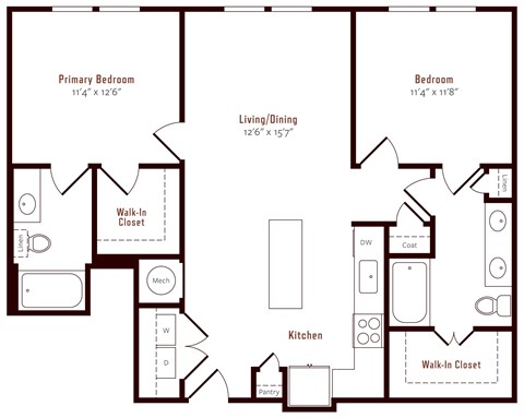 Floor plan for 2 beds, 2 baths, 1070 sqft